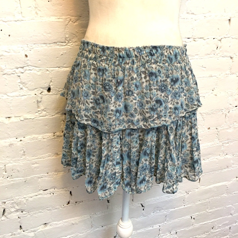 Love Shack Fancy tiered mini skirt blue floral watercolor xs